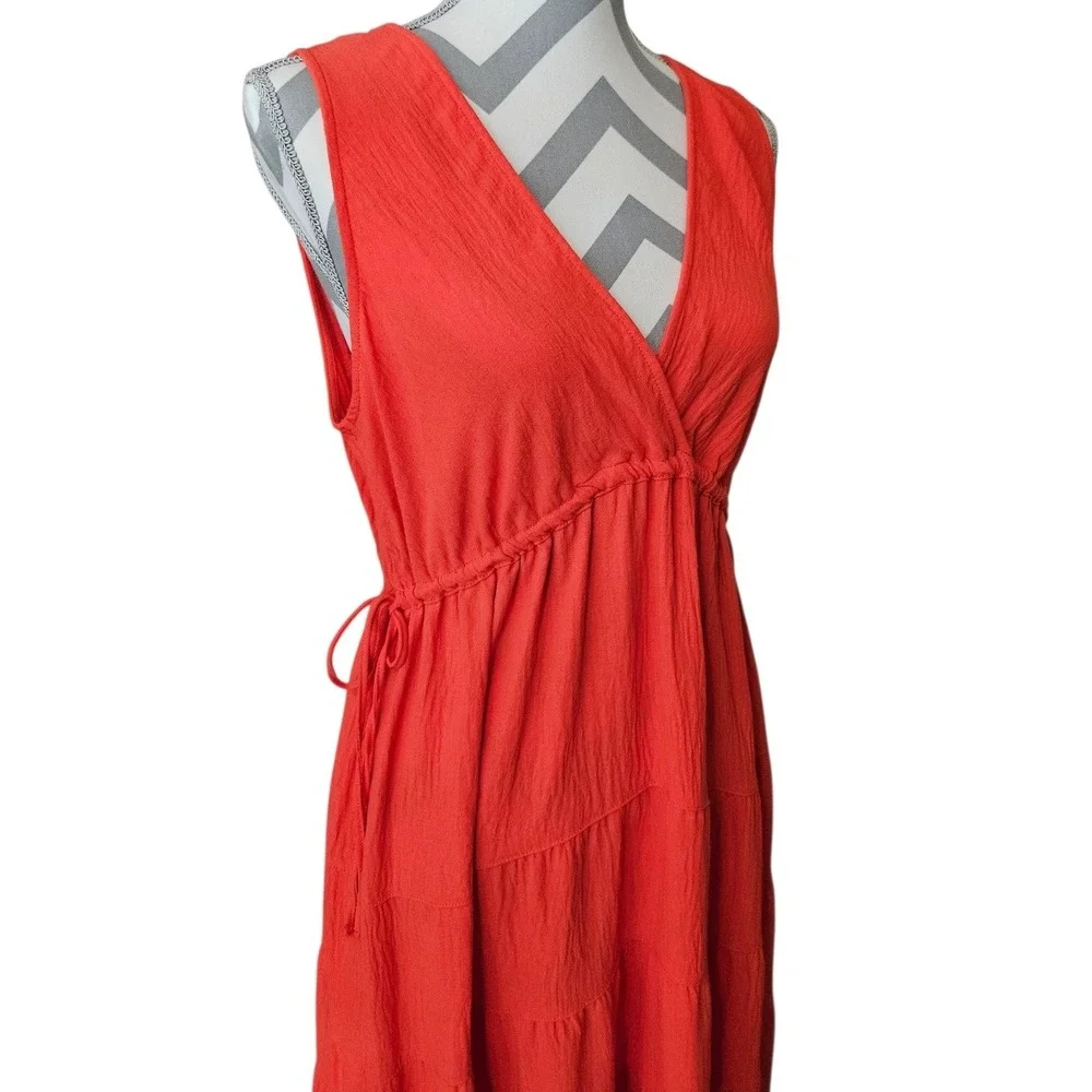 Max‎ Studio Coral Textured Tiered Sleeveless V-Neck Maxi Dress Lg Boho Summer